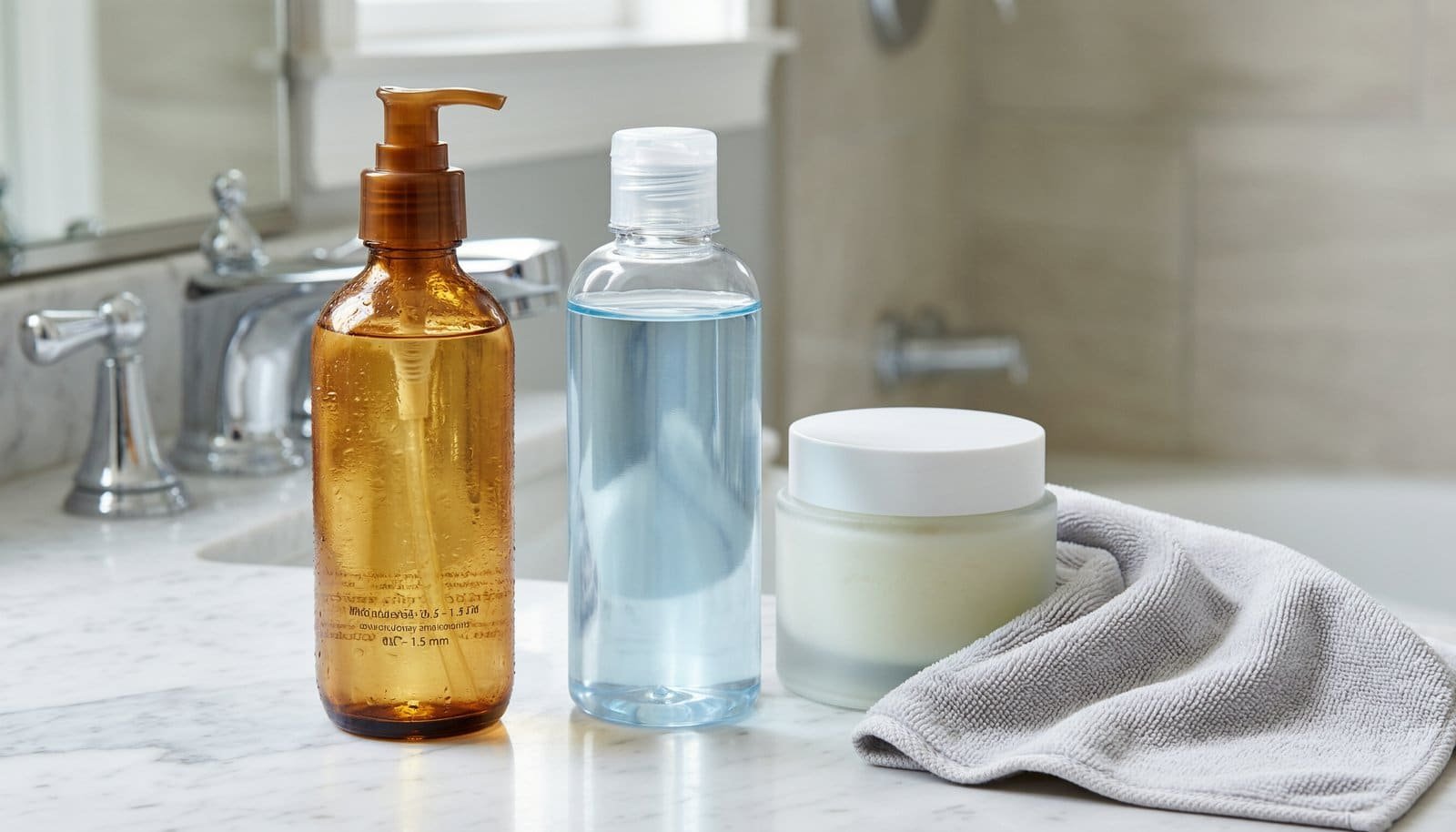 Various makeup removal products like cleansing oil and micellar water sitting on a counter.